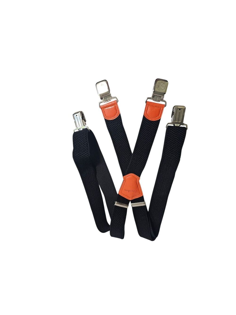 Decalen Mens Suspenders Black Heavy Duty Adjustable X-Back Orange Leather